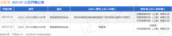 上上策 小红书作为被告/被上诉人的2起涉及网络侵权责任纠纷的诉讼将于2025年7月22日开庭